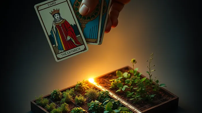 Символическое изображение: карты Таро (Император, Императрица, Пентакли) парят над макетом двух соседних дачных участков, разделённых светящейся линией.