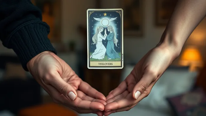 Символическое изображение пары и карты Таро Влюбленные: две руки держатся, между ними парит полупрозрачное изображение аркана, на фоне уютного домашнего интерьера.