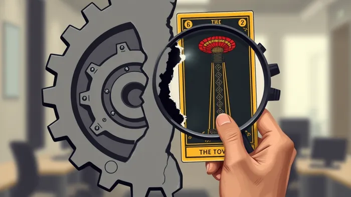 Символическое изображение: механизм проекта заблокирован треснувшей шестеренкой-саботажником. Руководитель рассматривает трещину через лупу, внутри которой видны образы карт Таро, символизирующие корень конфликта.