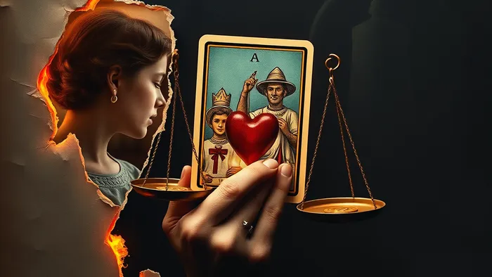 Символическое изображение конфликта наследства через призму Таро: разорванная семейная фотография, горящие деньги и карта Справедливости в центре композиции.