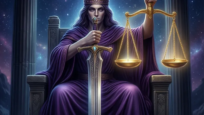 Аркан Справедливость (Правосудие) из колоды Таро. Фигура с весами и мечом на троне под звёздным небом.