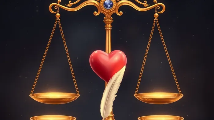 Символическое изображение карты Таро Справедливость: золотые весы в звездной ночи балансируют сердце и перо как символы любви и правды.