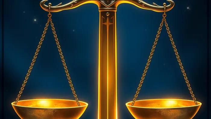 Крупный план карты Справедливость из колоды Таро Уэйта. Детализированные весы и меч на темном фоне со звездами.