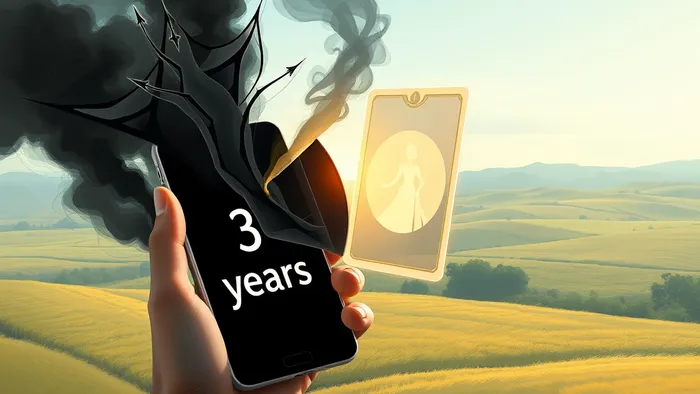 Символическое изображение защиты от коллекторов: рука держит телефон с надписью '3 года', угрожающие формы сдерживаются сияющим щитом в виде карты Таро 'Сила', на заднем плане — плодородные поля.