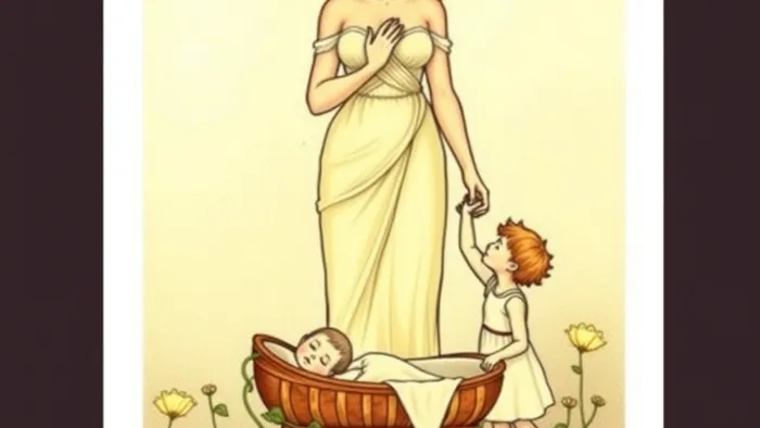 Символическая иллюстрация в стиле карты Таро: мать (Императрица) соединяет новорождённого (Туз Кубков) и старшего ребёнка (Солнце).