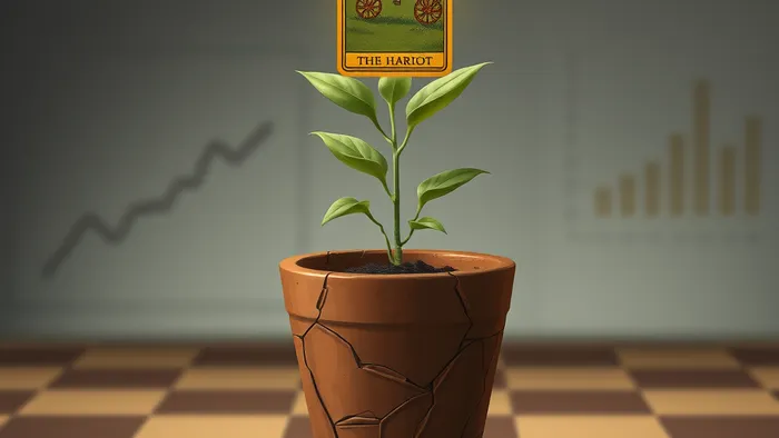 Символическое изображение темы роста стартапа: растение в тесном горшке на фоне шахматной доски и бизнес-графиков, над ним парит карта Таро.