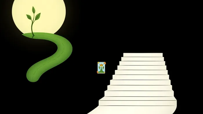 Символическое изображение перекрестка для выбора ниши ed-tech стартапа: путь через сад (дети) и путь по лестнице к вершине (взрослые), с центральной фигурой, держащей карту Таро.