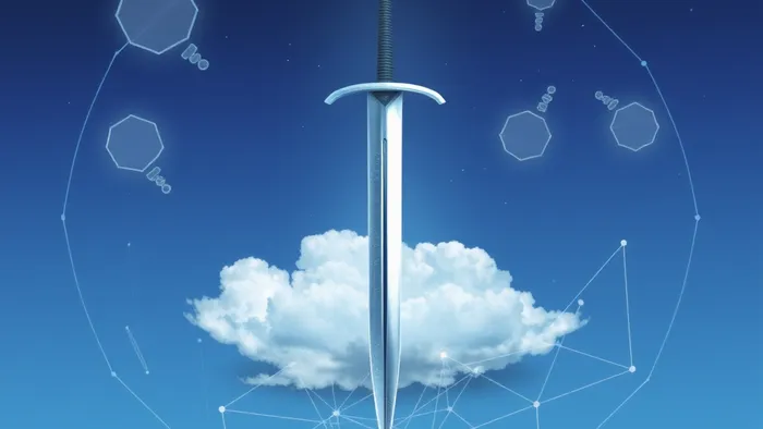 Символическое изображение стихии Воздуха в Таро: парящий меч в ясном небе, окружённый сетью прозрачных мыслей и связей.