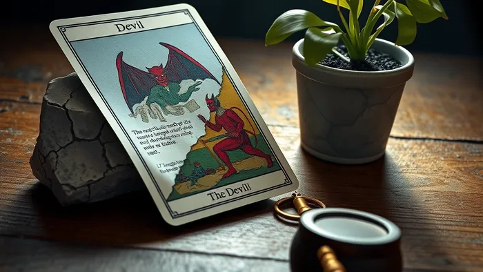 Символическая композиция: карта Таро 'Дьявол' и договор кредита на столе рядом с трещиной на стене и ключом.