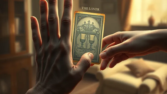 Символическое изображение: руки пожилого и молодого человека, разделенные светящейся картой Таро, на фоне уютного домашнего интерьера.