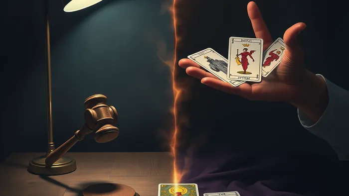 Концептуальное изображение, символизирующее выбор между судом и внутренним решением: судейский молоток и карты Таро на столе, разделенные светящейся линией.