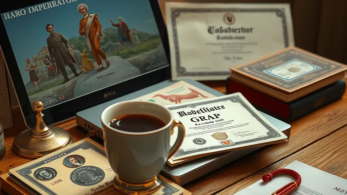 Карты Таро Император, Маг и Колесница рядом с дипломом и ноутбуком — символ выбора между формальным образованием и навыками