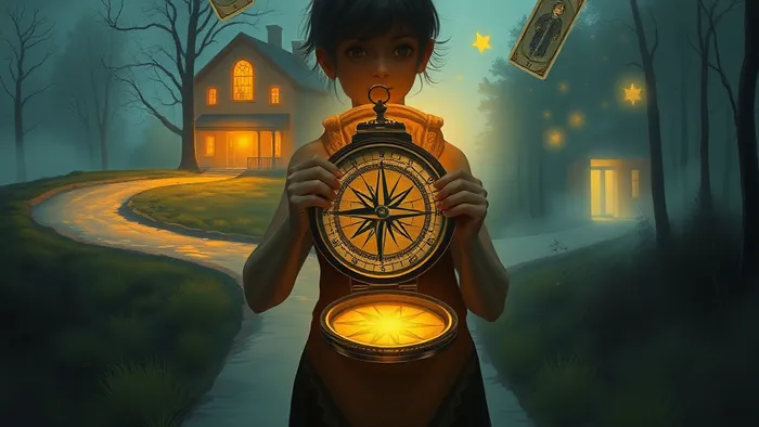 Символическое изображение человека на перепутье между путем к приемному дому и тропой в лес к биологическим истокам. В руках компас, показывающий его отражение. Вокруг парят карты Таро: Императрица, Отшельник, Звезда.