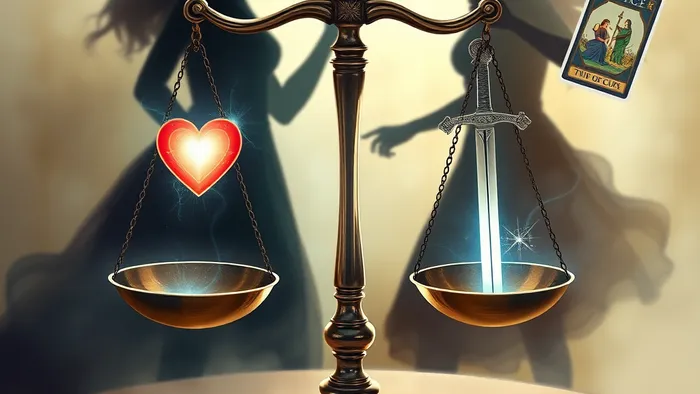 Символическое изображение дилеммы: весы, на одной чаше сердце (отношения), на другой — меч (правда). На фоне — силуэты двух женщин и парящие карты Таро.