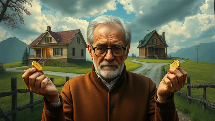 Человек стоит на развилке между длинной дорогой к далёкому дому и короткой дорогой к ближней башне, взвешивая на весах время и деньги.