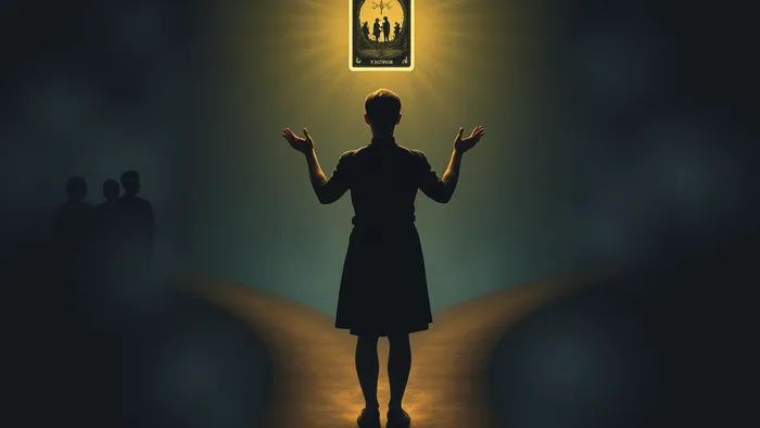 Символическое изображение выбора: человек на перепутье между старым кругом общения и новым путем, освещенный картой Таро.