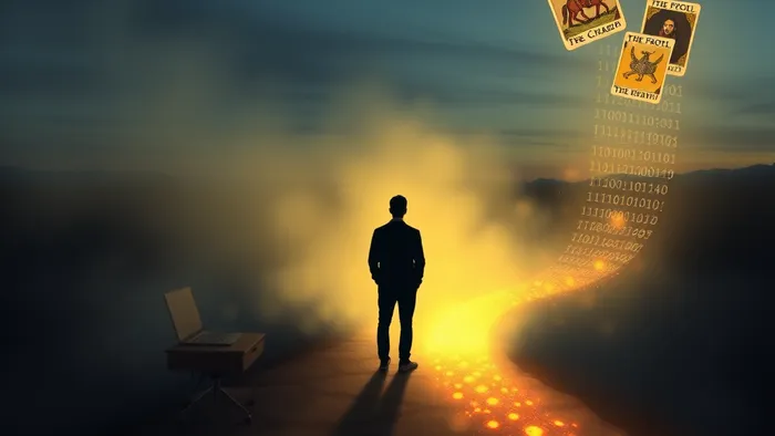 Символическое изображение выбора карьеры в 35 лет: две расходящиеся дороги — офисная рутина и путь в виде потока кода с картами Таро.