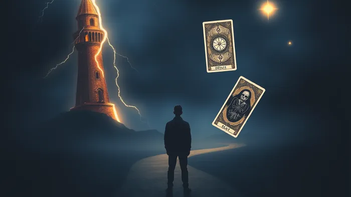 Символическое изображение человека на перепутье карьеры с парящими арканами Таро: Шут, Смерть и Звезда.