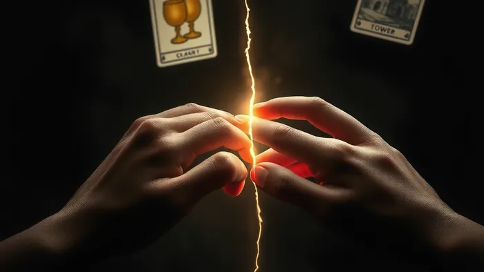 Символическое изображение трещины в дружбе: две руки, почти соприкасающиеся, с тонкой светящейся линией между ними. На заднем плане — парящие карты Таро, такие как Двойка Кубков и Башня.