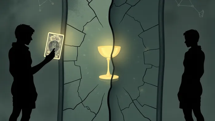Символическое изображение двух людей у cracked mirror с картой Таро Два Кубков, отражающейся в осколках. Тема выбора и отражения в дружбе.