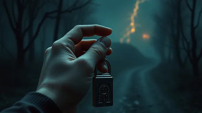 Символическое изображение выбора: ключ от квартиры растворяется в тумане на фоне раздвоенной дороги и силуэта дома.