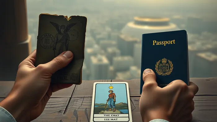 Символическое изображение выбора между старым и новым паспортом с картой Таро Шут (0 Аркан) между ними, на фоне размытого старого города и нового горизонта.