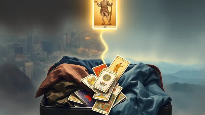 Символическое изображение выбора: чемодан, из которого выпадают вещи и карты Таро. Карта Шут парит над ним, фон разделен на старую хаотичную жизнь и новую неизвестную.