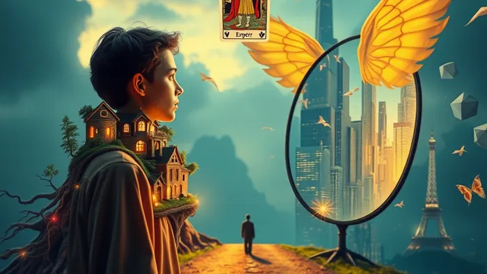 Человек на перепутье между миниатюрным уютным городком в руке-корнях и абстрактным мегаполисом-крыльями. В воздухе карты Таро Император и Императрица. Символическое изображение выбора между корнями и ростом.
