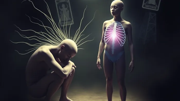 Символическое изображение энергетического обмена между двумя людьми на фоне арканов Таро