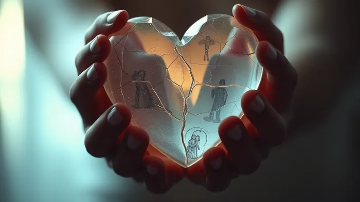 Символическое изображение: женские руки держат хрустальное сердце с трещинами, сквозь которые просвечивают арканы Таро Три Мечей и Влюблённые. Тема эмоциональной раны и поиска ответов.
