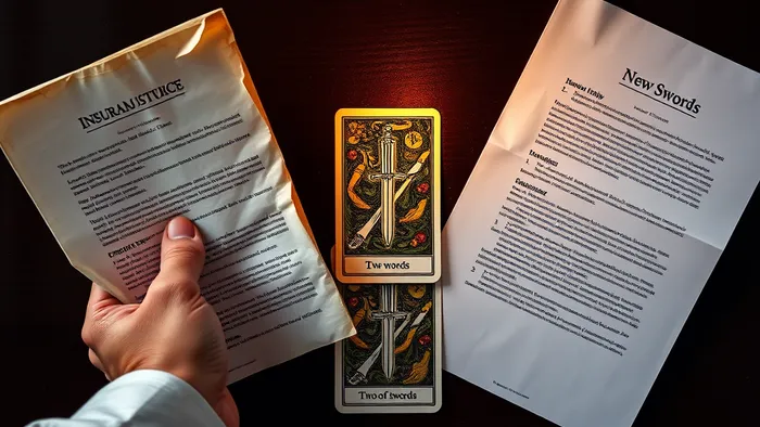 Символическое изображение выбора между старым и новым страховым полисом с картой Таро Двойка Мечей между ними, представляющей дилемму.
