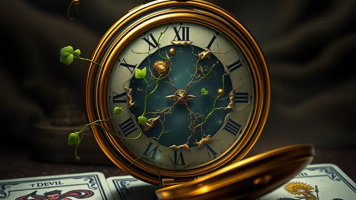 Символическое изображение золотых часов с трещинами, как метафора времени, проданного за высокую оплату, и карты Таро, помогающие принять решение.