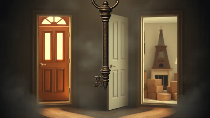 Символическое изображение выбора: ключ парит на развилке между путем к знакомому дому и путем к новой квартире. В сцене угадываются образы карт Таро, связанных с переездом.