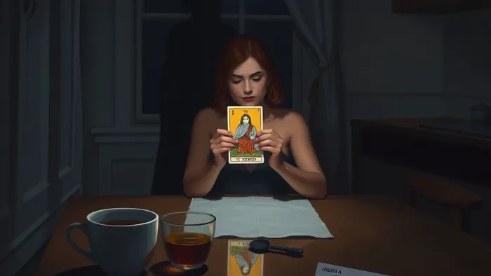 Женщина в ночной кухне держит светящуюся карту Таро, пока её партнёр отвернулся. Символическое изображение дилеммы в отношениях.
