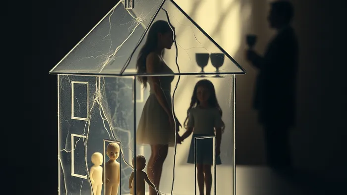 Символическое изображение хрупкости семьи: прозрачный потрескавшийся дом-макет с фигурками детей внутри, рядом фигуры взрослых и зеркальная карта Таро, отражающая сложный выбор.