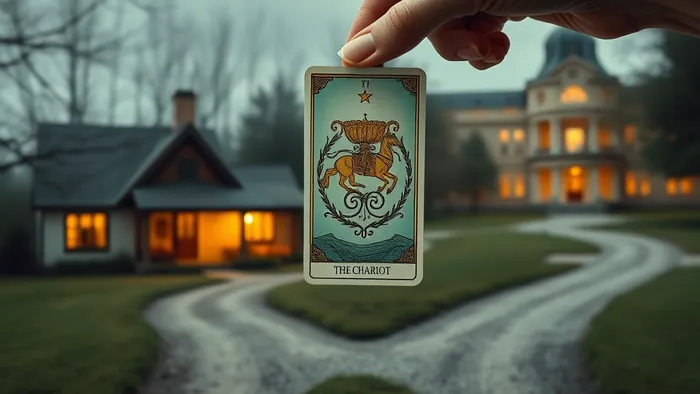 Символическое изображение перекрёстка: путь к дому и путь к университету. Рука с картой Таро между ними.