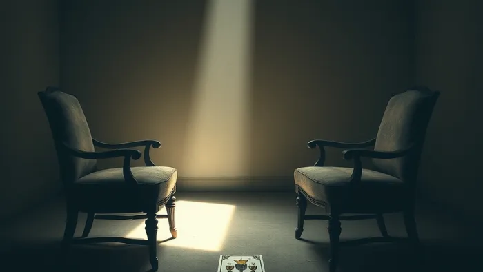 Два стула стоят спиной друг к другу в пустой комнате, между ними на полу лежит карта Таро Два Кубков — символ возможного примирения и неразорванной связи.
