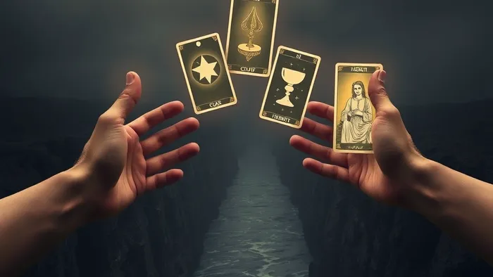 Символическое изображение двух рук, тянущихся друг к другу через пропасть, между ними парят прозрачные карты Таро: Звезда, Двойка Кубков, Отшельник.