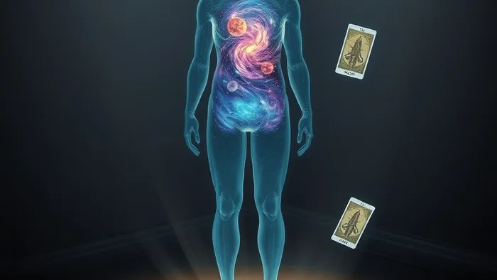 Символическое изображение человека из стекла со вселенной эмоций внутри. Разбитая маска лежит на полу. Вокруг парят карты Таро: Луна, Девятка Мечей и Звезда.