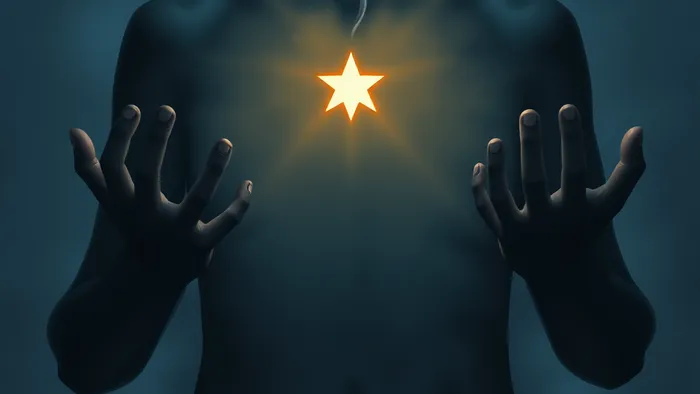 Символическое изображение связи страха одиночества и проблем с дыханием: силуэт человека с прозрачной грудной клеткой, внутри которой светится одинокая звезда — архетип из карт Таро.