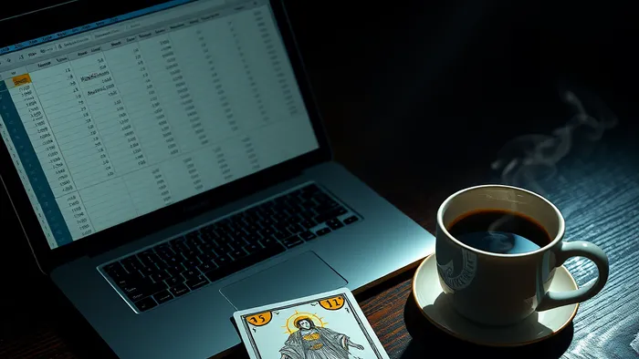 Рабочий стол с ноутбуком, открытым на таблице с цифрами, и колодой карт Таро рядом. Карта Маг лежит рубашкой вверх. Символизирует подготовку к переговорам через анализ и интуицию.