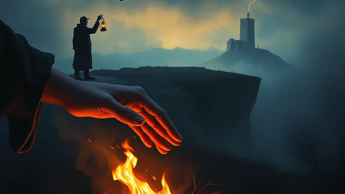 Символическая иллюстрация в мистическом стиле: угасающий костёр между двумя руками, Отшельник с фонарём на заднем плане, карты Таро Влюблённые, Звезда и Луна, парящие в воздухе.