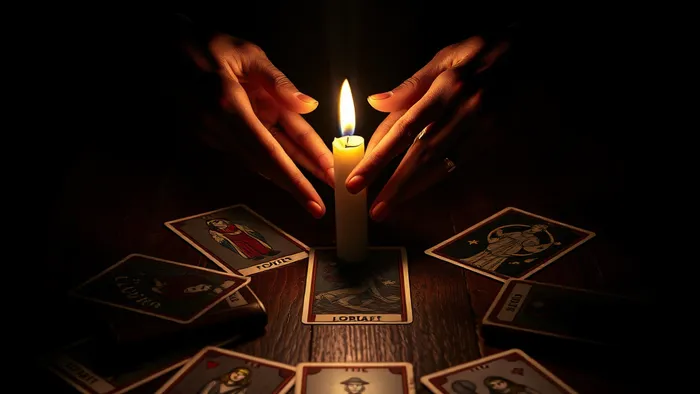 Символическое изображение расклада карт Таро на столе при свете свечи, отражающее сложный выбор в отношениях. Видны арканы Влюблённые, Башня и Отшельник.