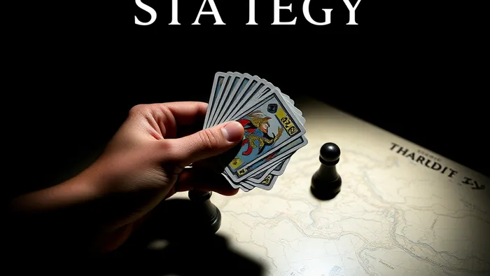 Концептуальное изображение стратегического подхода в Таро: рука держит несколько карт Таро над картой или шахматной доской, символизируя планирование и анализ.