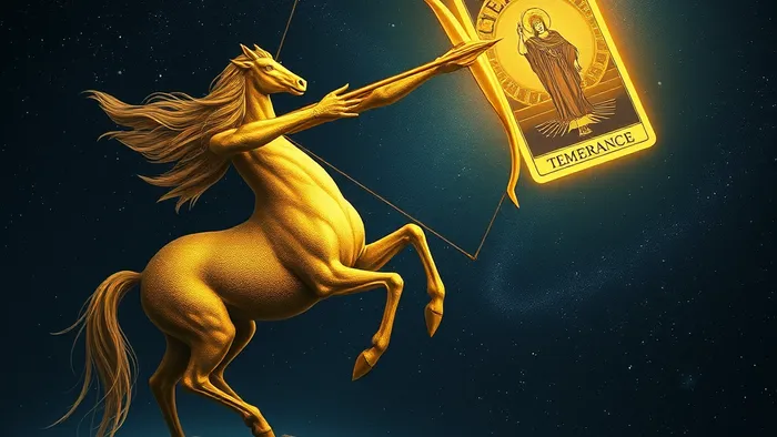 Символическое изображение: кентавр-Стрелец выпускает стрелу, которая превращается в путь, проходящий через карту Таро 'Умеренность' на фоне звёздного неба.