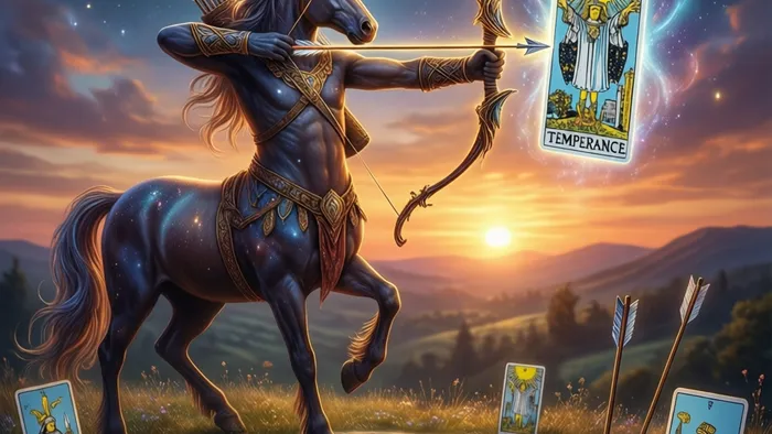 Символическое изображение кентавра-стрельца, целящегося картой Таро 'Умеренность' из лука в звездное небо с планетой Юпитер. Мистический пейзаж с картами Таро.