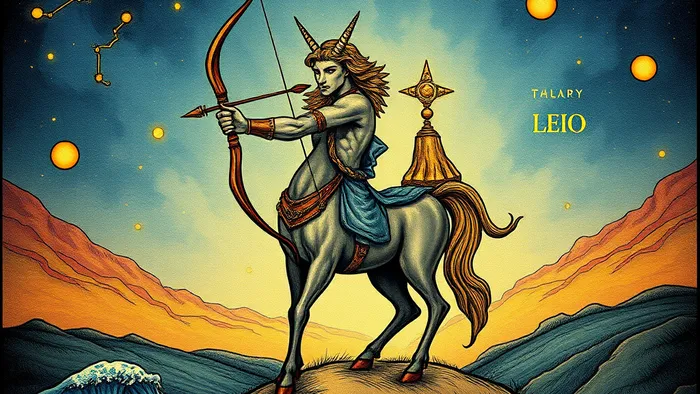 Символическое изображение Стрельца-кентавра под июльским небом, держащего карту Таро 'Колесница'. Вокруг — символы планет (Солнце, Марс в Тельце, Юпитер в Близнецах), отражающие астрологию июля.