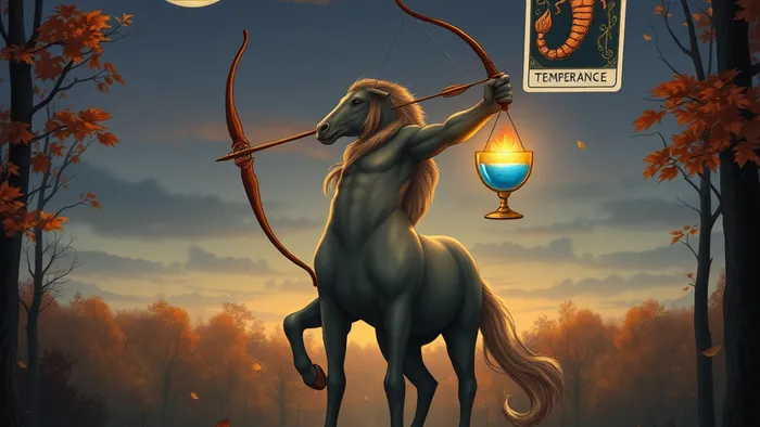 Символическое изображение Стрельца-кентавра на осеннем перекрестке, балансирующего чаши огня и воды под знаками Весов и Скорпиона, в окружении карт Таро.