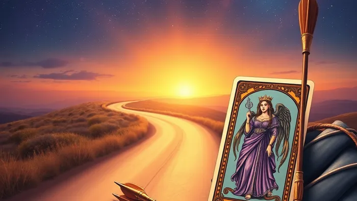 Символическое изображение архетипа Стрельца в Таро: дорога к горизонту, колчан со стрелами, жезл Рыцаря Жезлов и карта Императрицы на фоне звёздного неба.