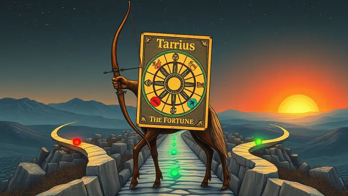 Символическое изображение кентавра-Стрельца на перепутье, держащего карту Таро Колесо Фортуны. Двенадцать тропинок, символизирующих месяцы года, расходятся вдаль под звездным небом.